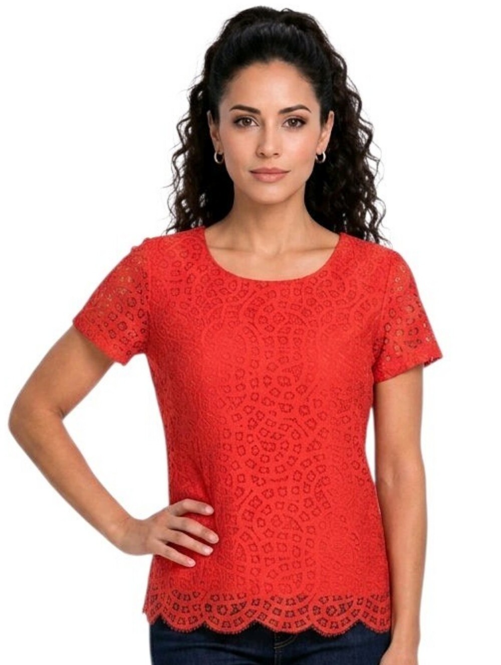 J. Crew Red Lace Short-Sleeve Blouse Size 8